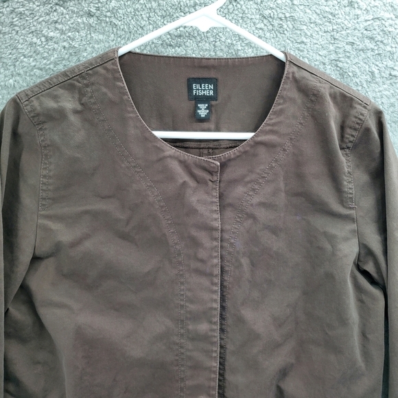 Eileen Fisher Jacket Women's Medium Snap Front Collarless Canvas Brown - Picture 3 of 11